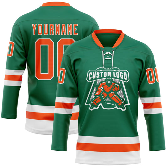 Custom Kelly Green Orange-White Hockey Lace Neck Jersey - Sky-Custom