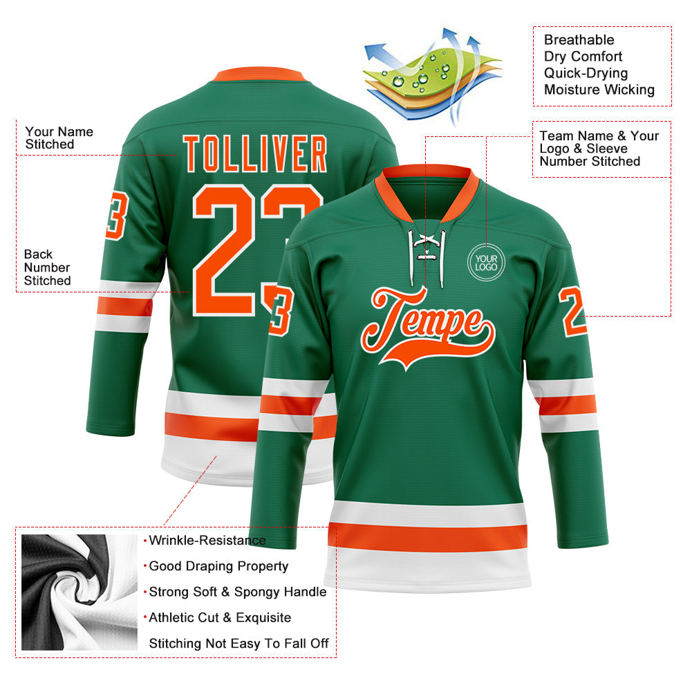 Custom Kelly Green Orange-White Hockey Lace Neck Jersey - Sky-Custom