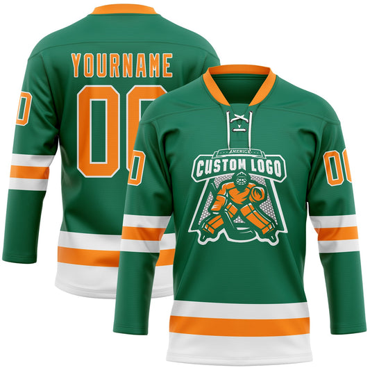 Custom Kelly Green Bay Orange-White Hockey Lace Neck Jersey - Sky-Custom