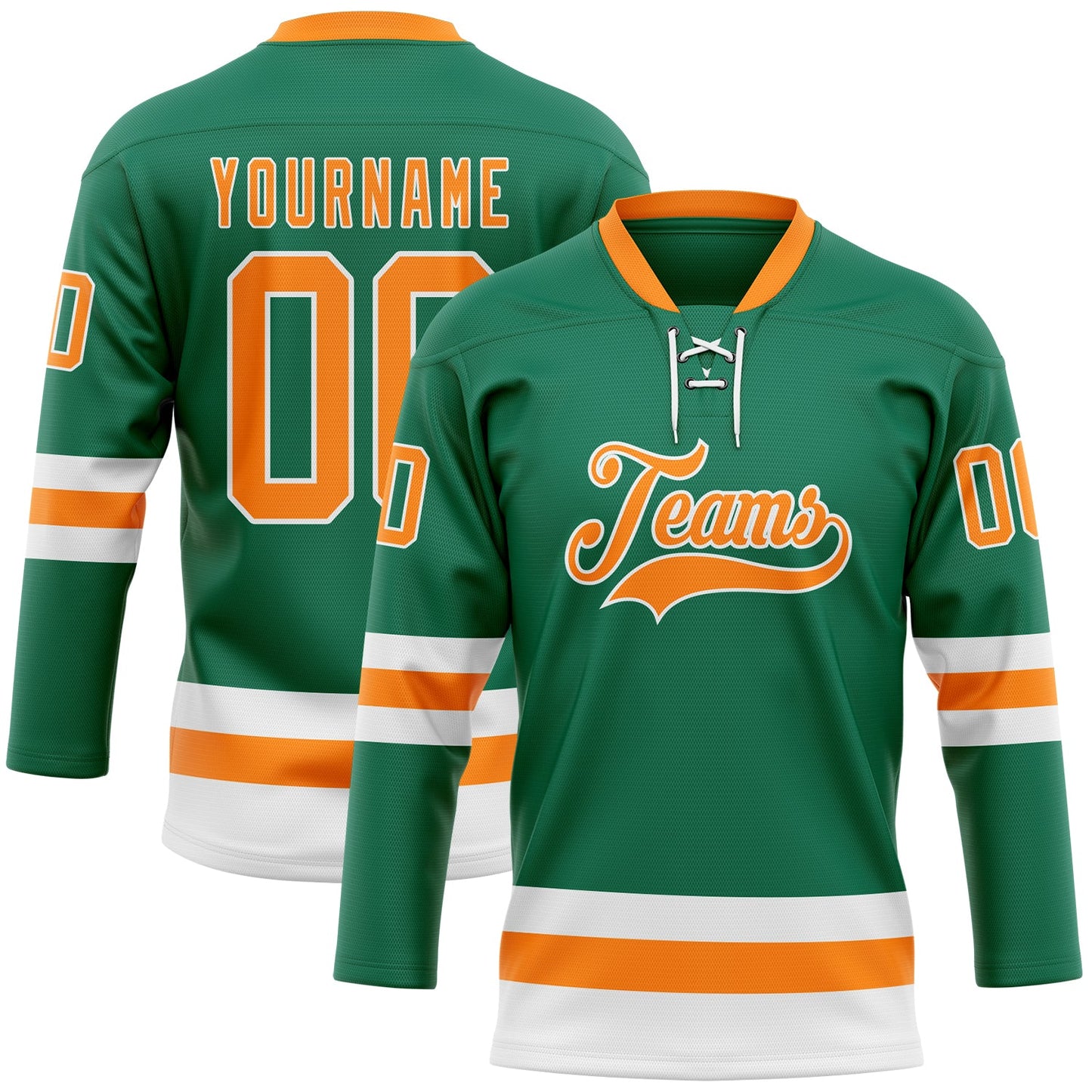 Custom Kelly Green Bay Orange-White Hockey Lace Neck Jersey - Sky-Custom