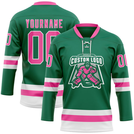 Custom Kelly Green Pink-White Hockey Lace Neck Jersey - Sky-Custom