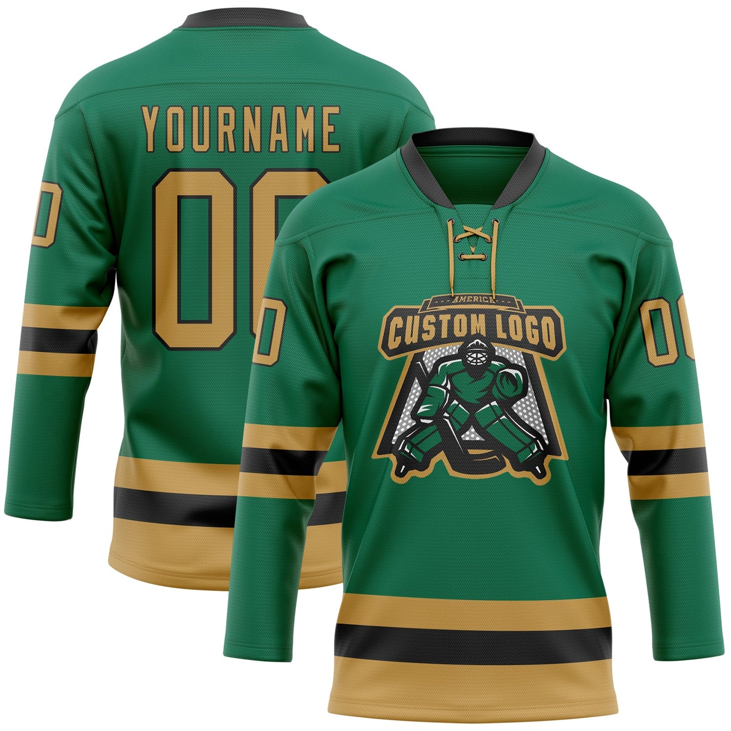Custom Kelly Green Old Gold-Black Hockey Lace Neck Jersey - Sky-Custom
