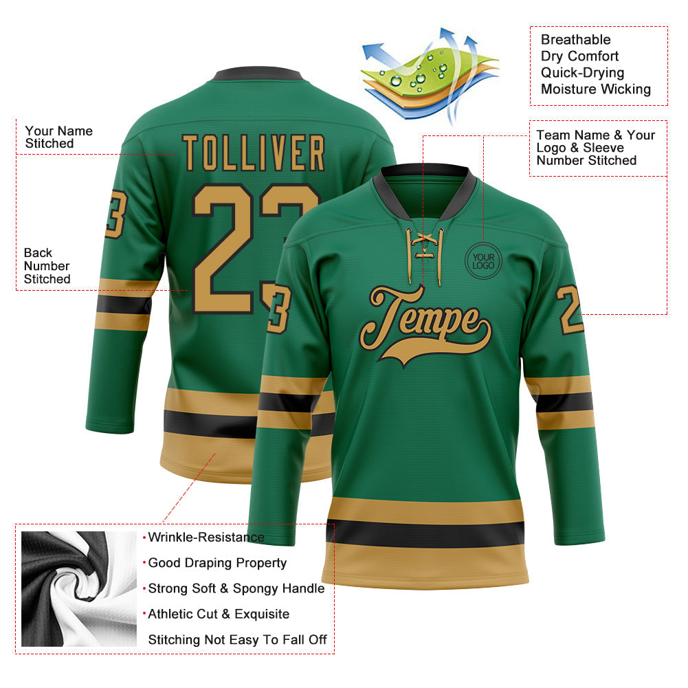 Custom Kelly Green Old Gold-Black Hockey Lace Neck Jersey - Sky-Custom