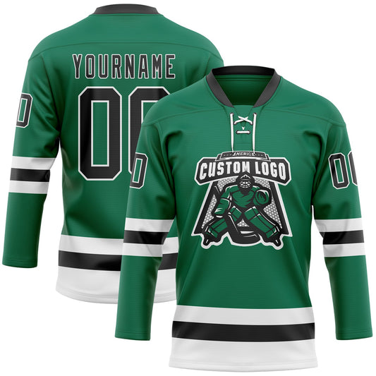 Custom Kelly Green Black-White Hockey Lace Neck Jersey - Sky-Custom