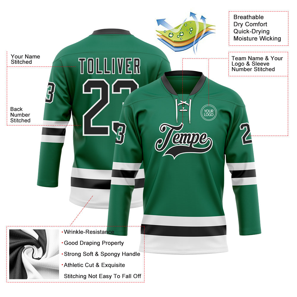 Custom Kelly Green Black-White Hockey Lace Neck Jersey - Sky-Custom