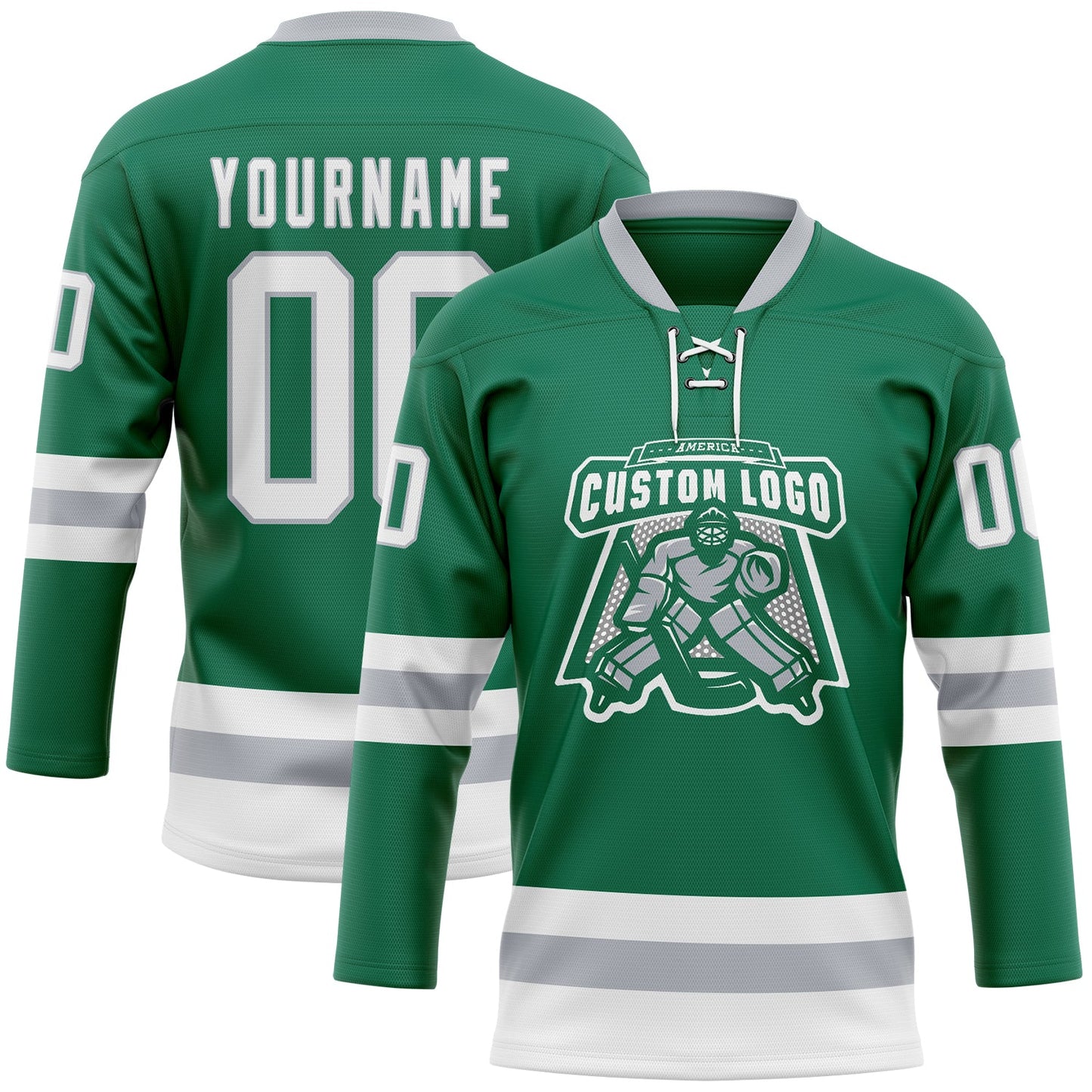 Custom Kelly Green White-Gray Hockey Lace Neck Jersey - Sky-Custom