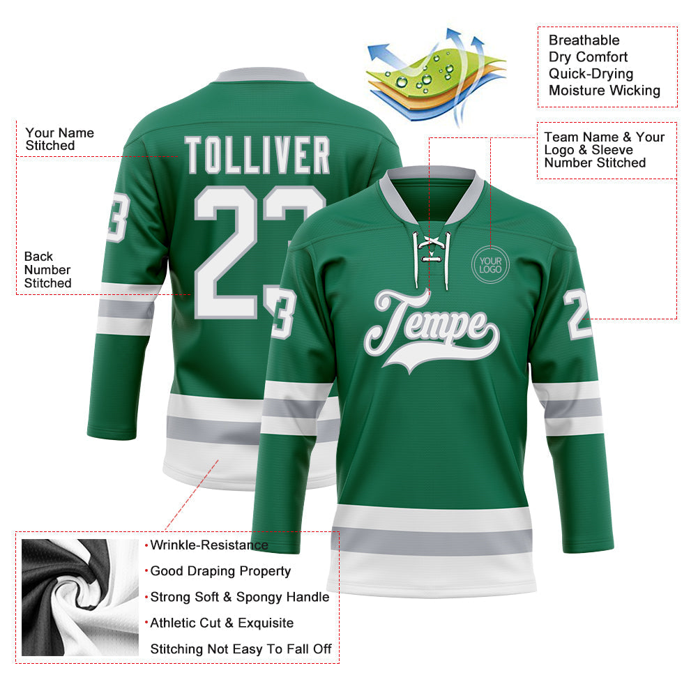 Custom Kelly Green White-Gray Hockey Lace Neck Jersey - Sky-Custom