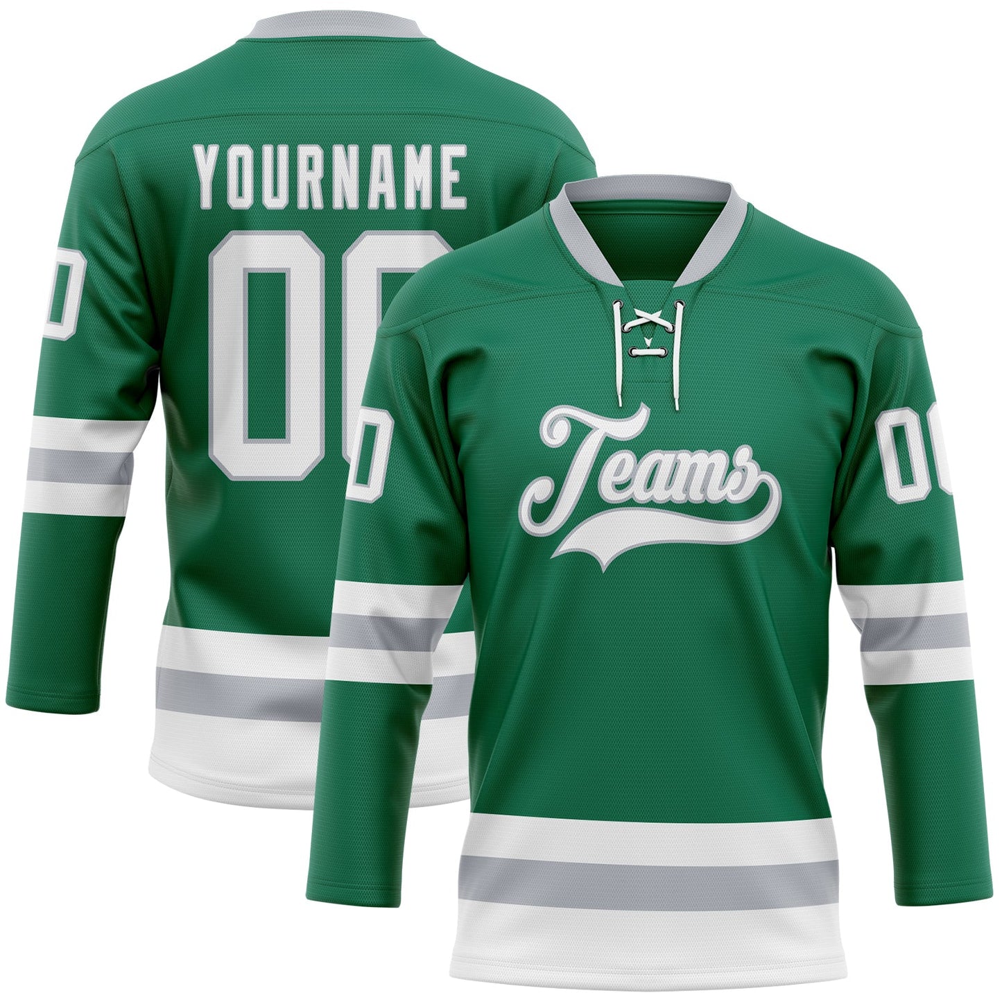 Custom Kelly Green White-Gray Hockey Lace Neck Jersey - Sky-Custom