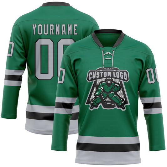 Custom Kelly Green Gray-Black Hockey Lace Neck Jersey - Sky-Custom