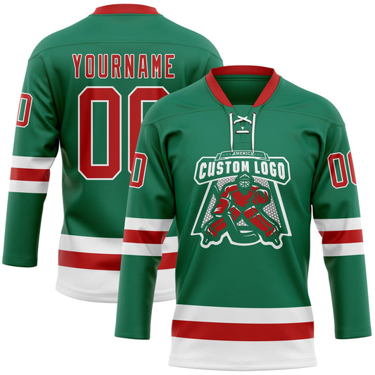 Custom Kelly Green Red-White Hockey Lace Neck Jersey - Sky-Custom