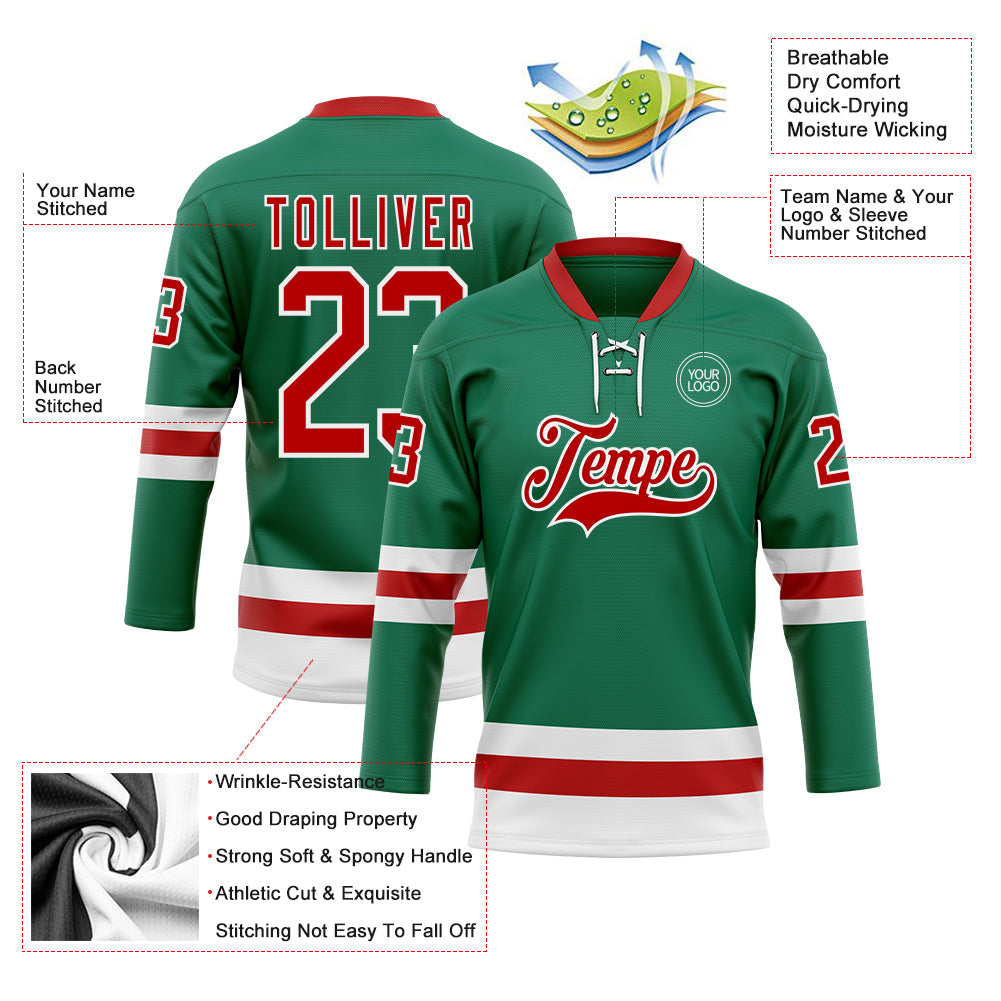 Custom Kelly Green Red-White Hockey Lace Neck Jersey - Sky-Custom