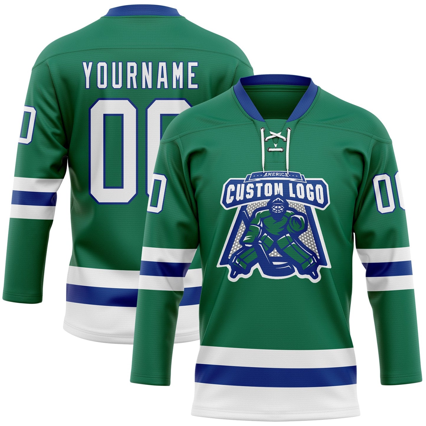 Custom Kelly Green White-Royal Hockey Lace Neck Jersey - Sky-Custom