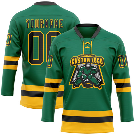 Custom Kelly Green Black-Gold Hockey Lace Neck Jersey - Sky-Custom