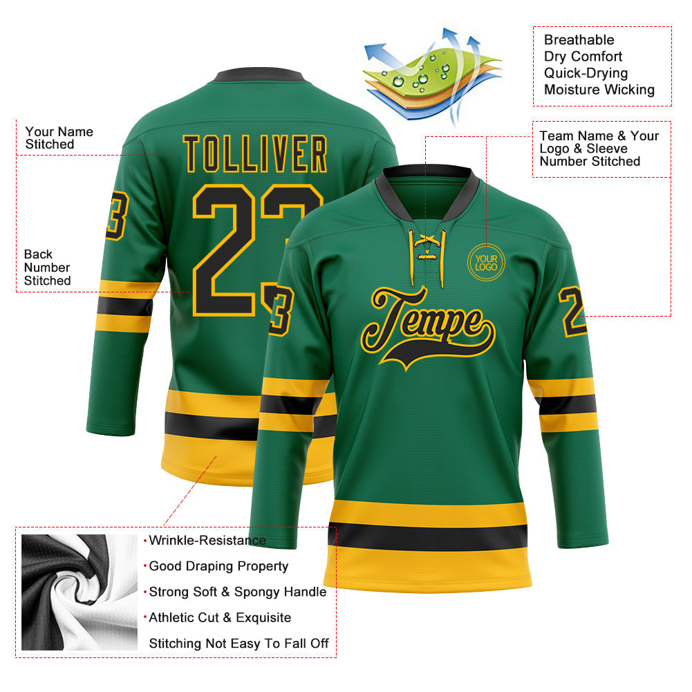 Custom Kelly Green Black-Gold Hockey Lace Neck Jersey - Sky-Custom