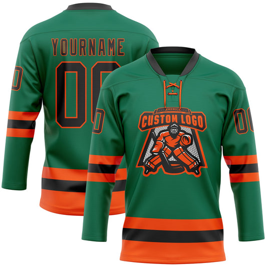 Custom Kelly Green Black-Orange Hockey Lace Neck Jersey - Sky-Custom