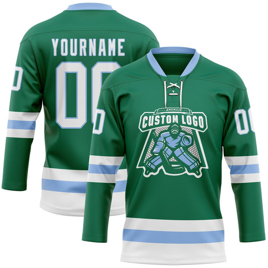 Custom Kelly Green White-Light Blue Hockey Lace Neck Jersey - Sky-Custom