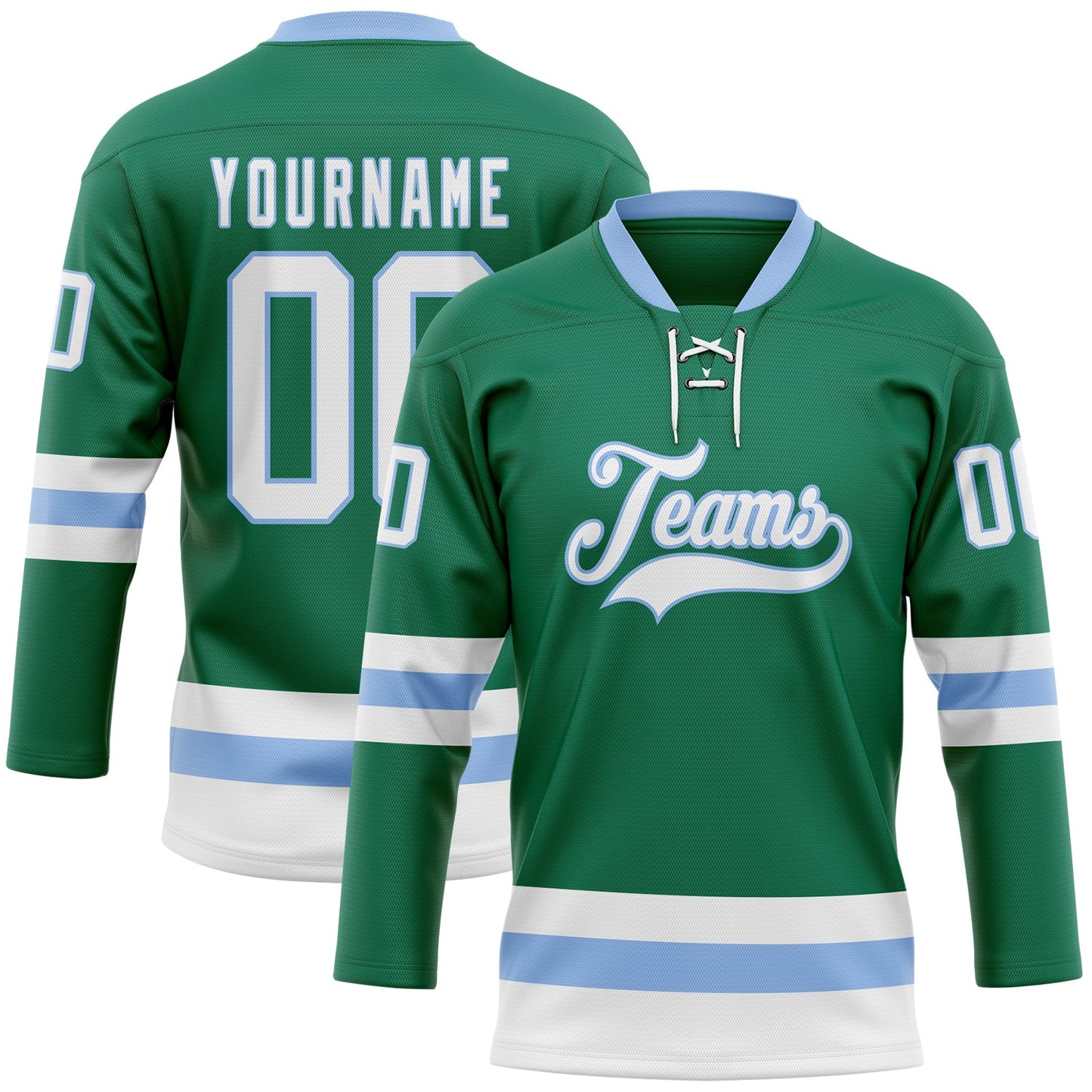 Custom Kelly Green White-Light Blue Hockey Lace Neck Jersey - Sky-Custom
