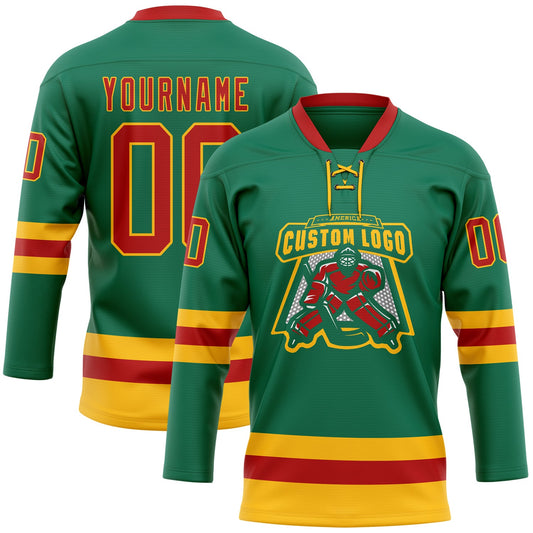 Custom Kelly Green Red-Gold Hockey Lace Neck Jersey - Sky-Custom