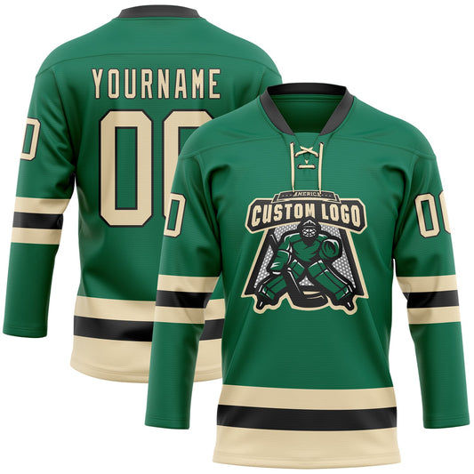 Custom Kelly Green Cream-Black Hockey Lace Neck Jersey - Sky-Custom
