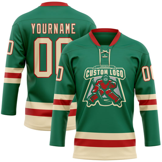 Custom Kelly Green Cream-Red Hockey Lace Neck Jersey - Sky-Custom