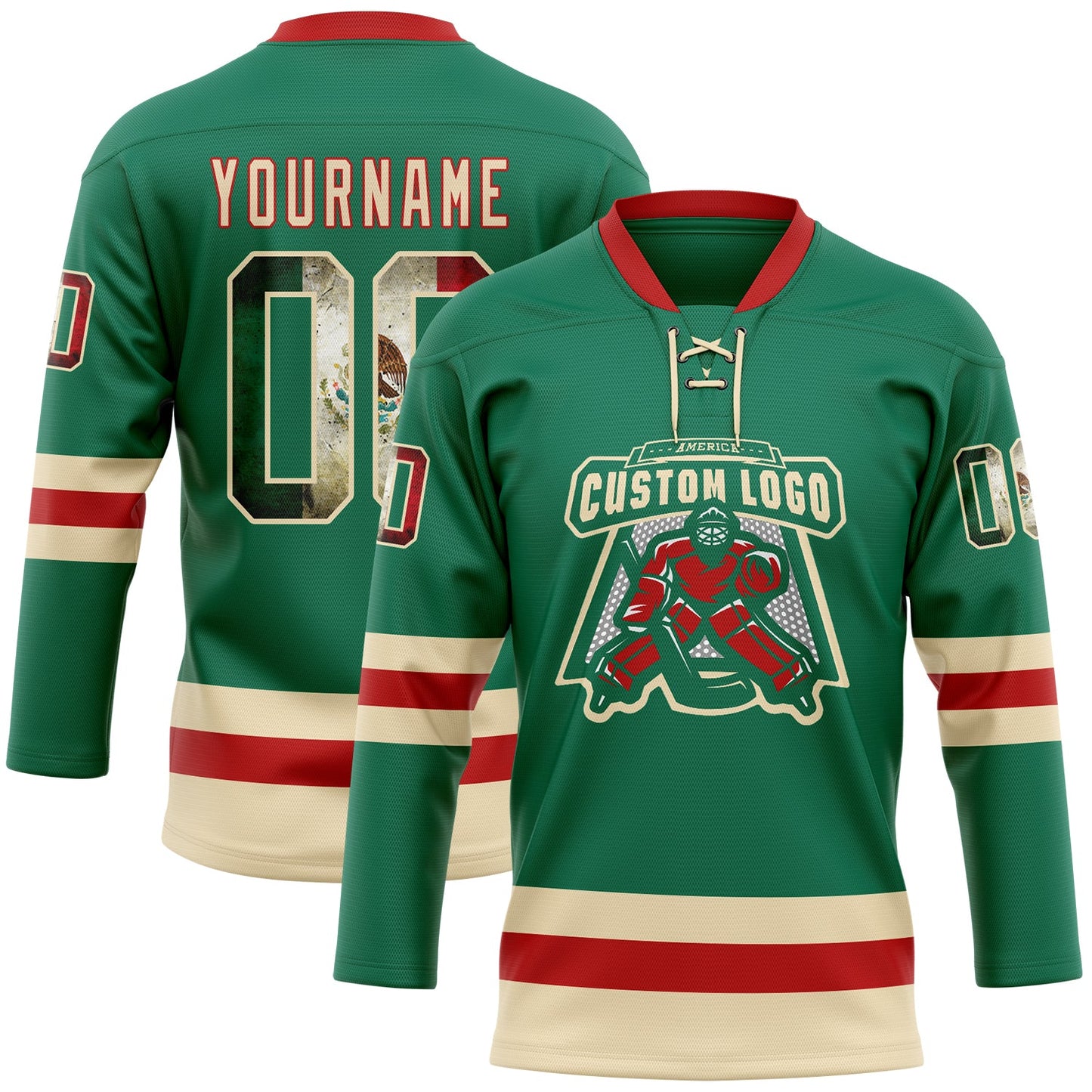 Custom Kelly Green Vintage Mexican Flag Cream-Red Hockey Lace Neck Jersey - Sky-Custom