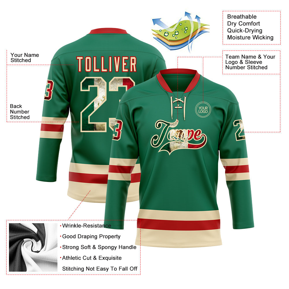 Custom Kelly Green Vintage Mexican Flag Cream-Red Hockey Lace Neck Jersey - Sky-Custom