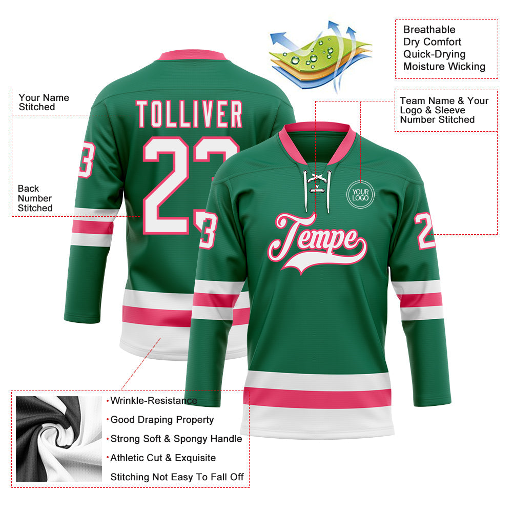 Custom Kelly Green White-Neon Pink Hockey Lace Neck Jersey - Sky-Custom