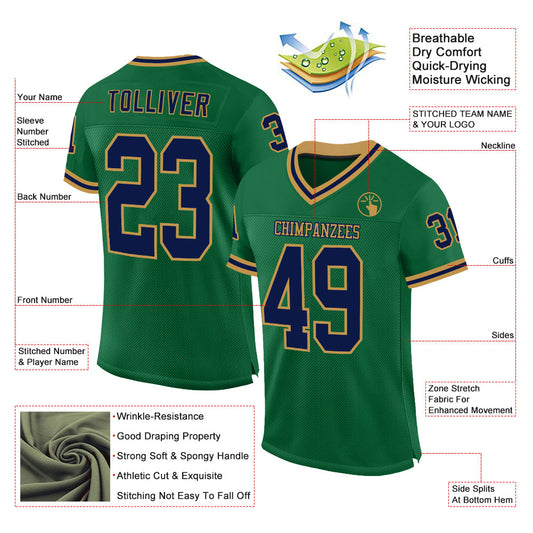 Custom Kelly Green Navy-Old Gold Mesh Authentic Throwback Football Jersey - Sky-Custom