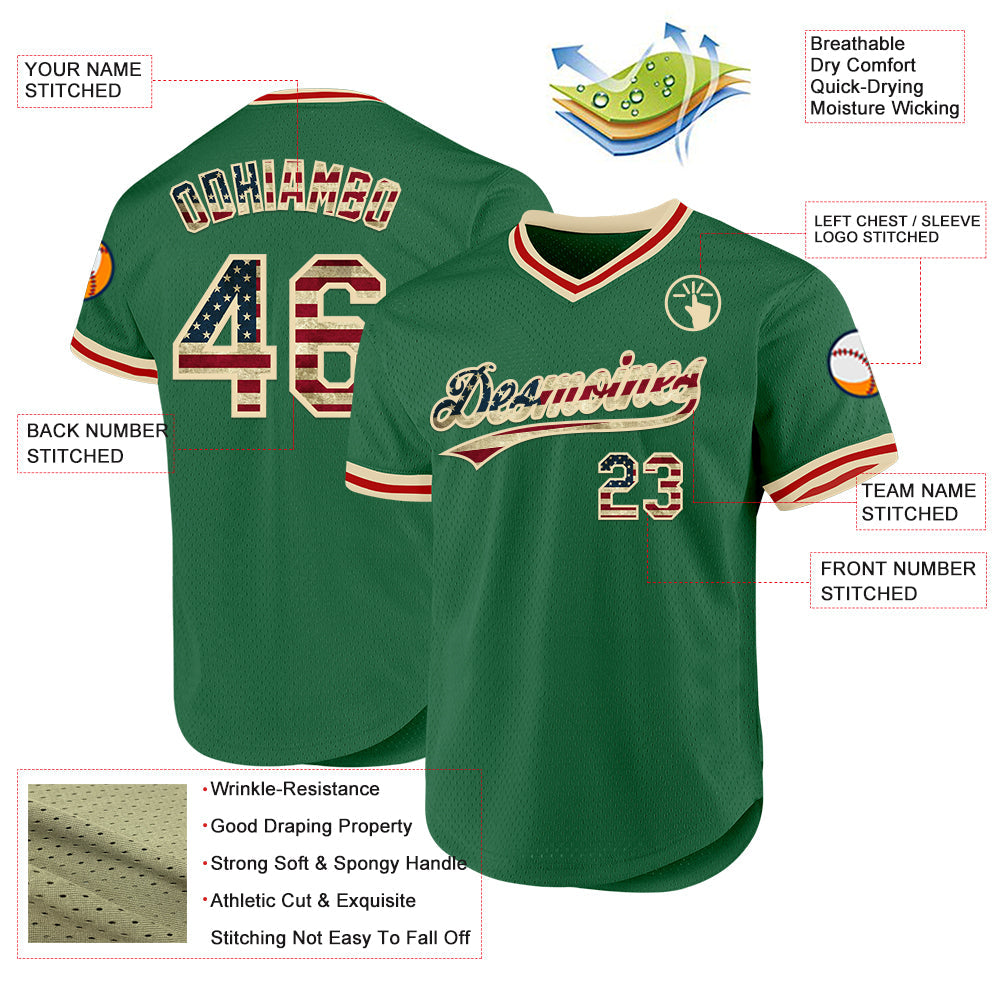 Custom Kelly Green Vintage USA Flag Cream-Red Authentic Throwback Baseball Jersey - Sky-Custom