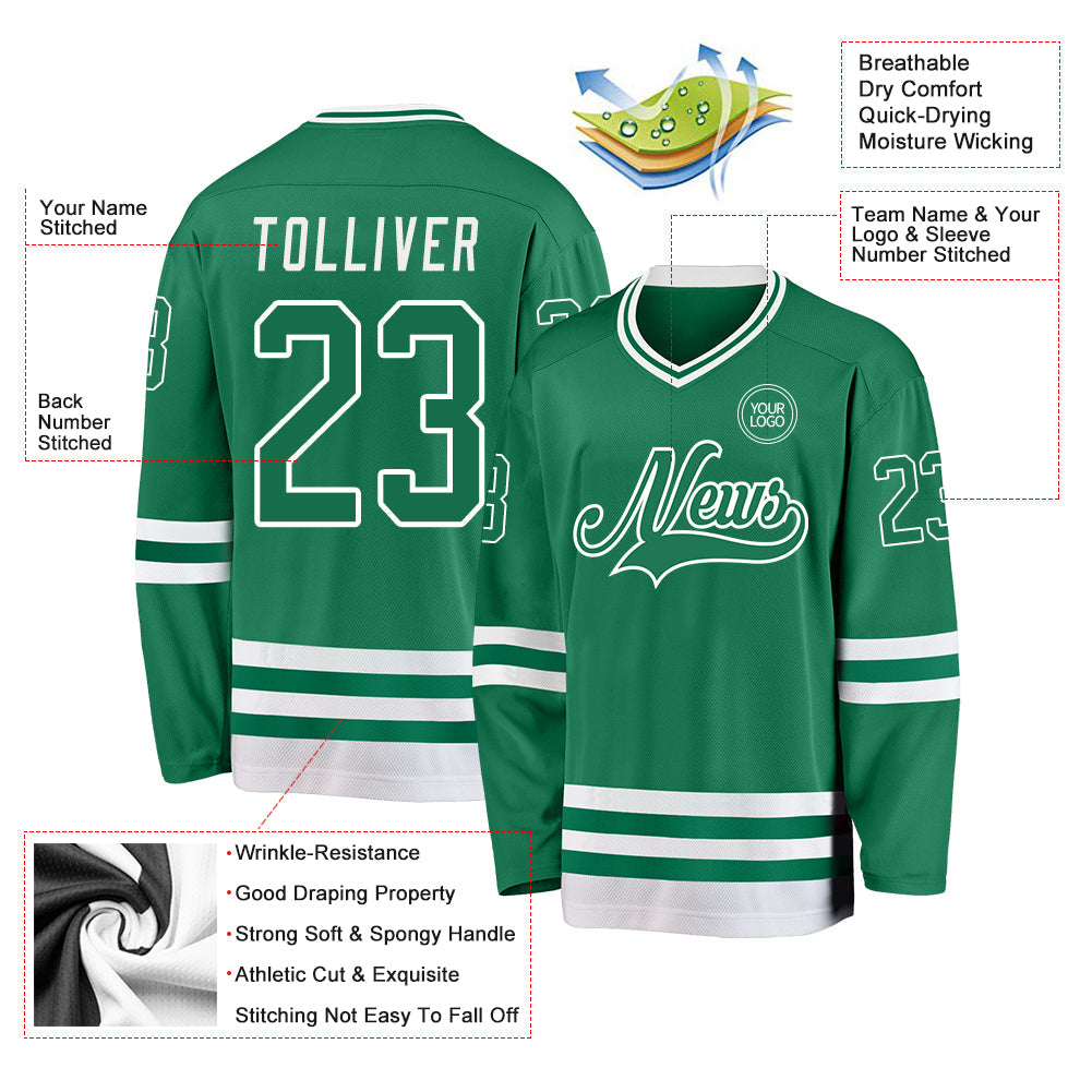 Custom Kelly Green White Hockey Jersey - Sky-Custom