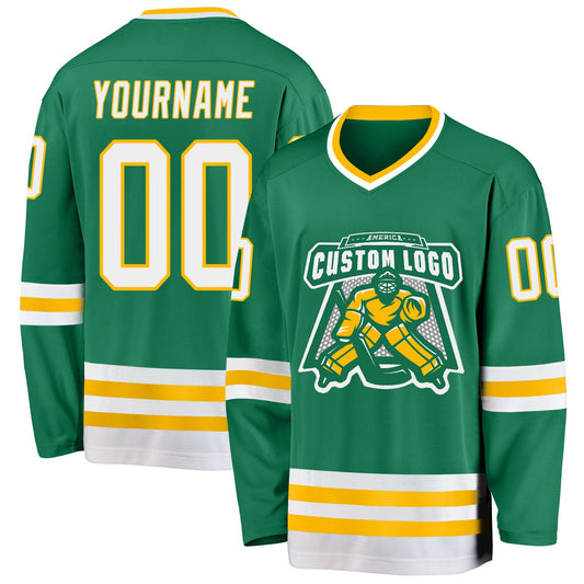 Custom Kelly Green White-Gold Hockey Jersey - Sky-Custom