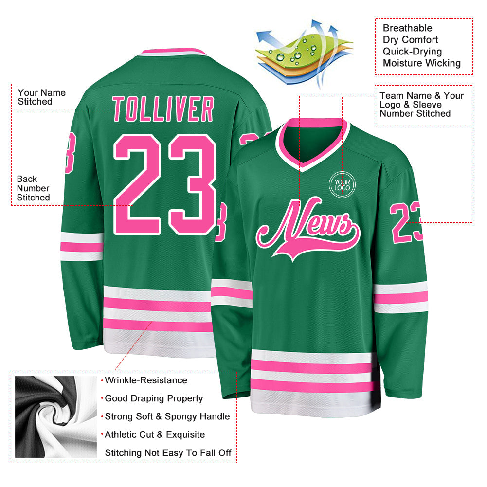 Custom Kelly Green Pink-White Hockey Jersey - Sky-Custom