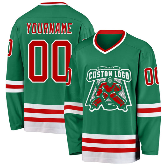 Custom Kelly Green Red-White Hockey Jersey - Sky-Custom
