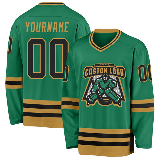 Custom Kelly Green Black-Old Gold Hockey Jersey - Sky-Custom