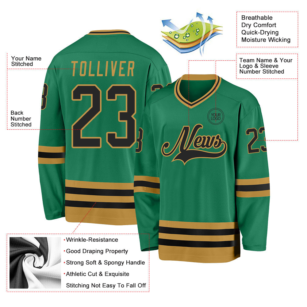 Custom Kelly Green Black-Old Gold Hockey Jersey - Sky-Custom