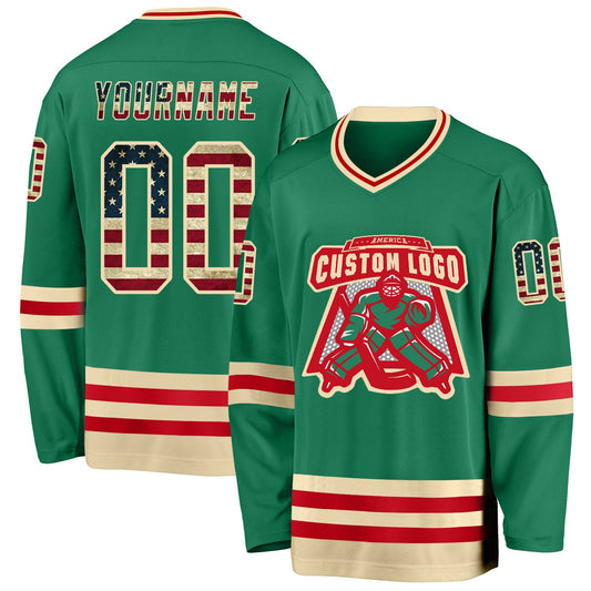 Custom Kelly Green Vintage USA Flag Cream-Red Hockey Jersey - Sky-Custom