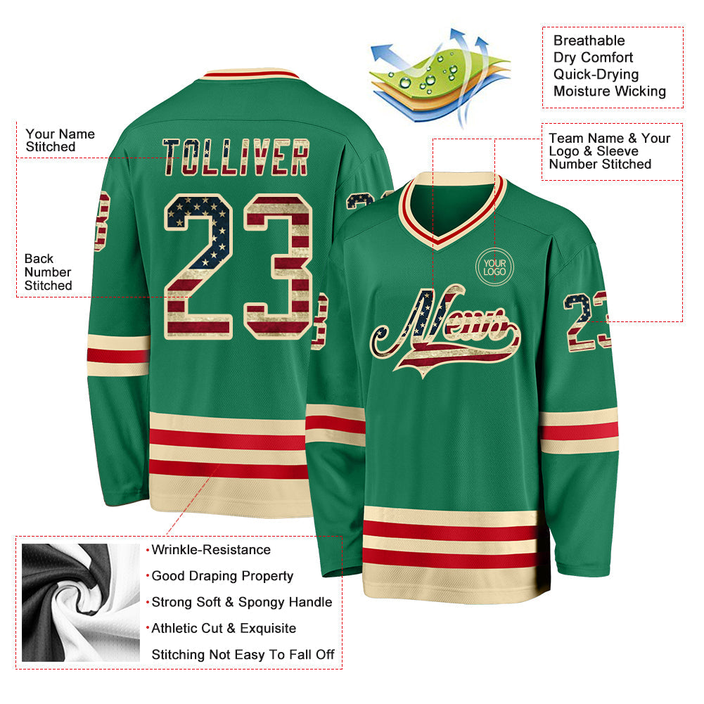 Custom Kelly Green Vintage USA Flag Cream-Red Hockey Jersey - Sky-Custom