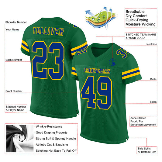 Custom Kelly Green Royal-Yellow Mesh Authentic Football Jersey - Sky-Custom