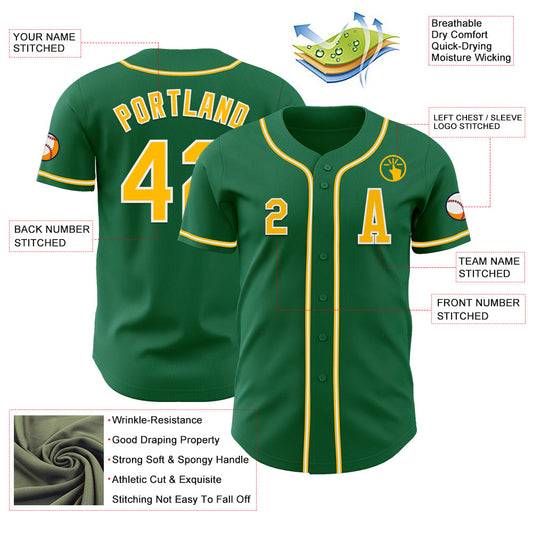Custom Kelly Green Gold-White Authentic Baseball Jersey - Sky-Custom