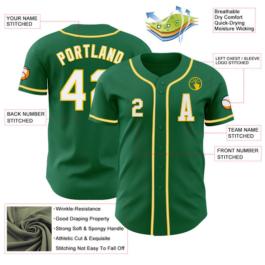 Custom Kelly Green White-Yellow Authentic Baseball Jersey - Sky-Custom