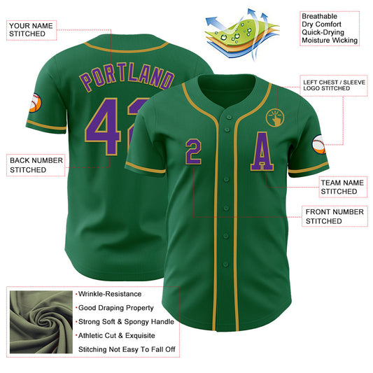 Custom Kelly Green Purple-Old Gold Authentic Baseball Jersey - Sky-Custom