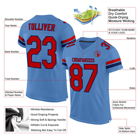 Custom Light Blue Red-Navy Mesh Authentic Football Jersey - Sky-Custom