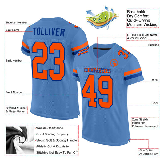 Custom Light Blue Orange-Royal Mesh Authentic Football Jersey - Sky-Custom