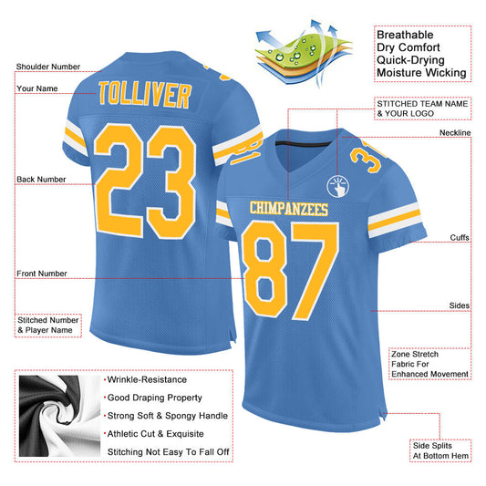 Custom Light Blue Gold-White Mesh Authentic Football Jersey - Sky-Custom
