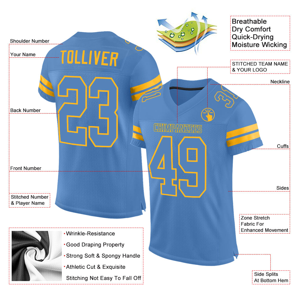 Custom Light Blue Gold Mesh Authentic Football Jersey - Sky-Custom