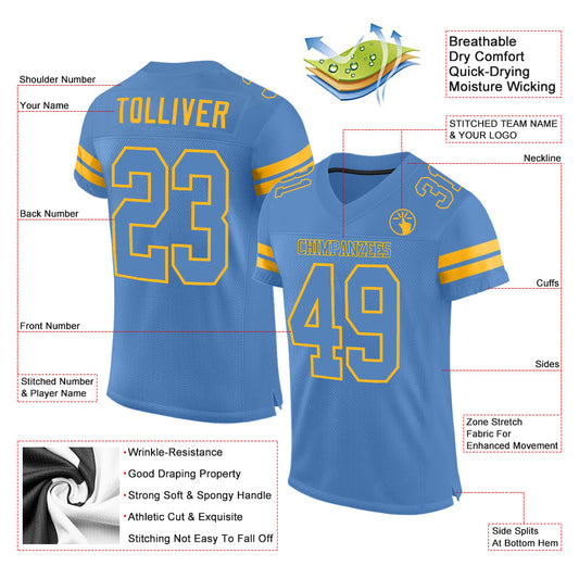 Custom Light Blue Gold Mesh Authentic Football Jersey - Sky-Custom
