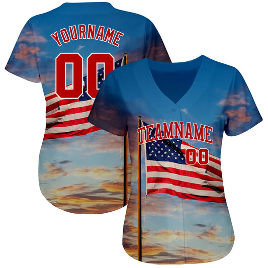 Custom Light Blue Red-White 3D American Flag Fashion Authentic Baseball Jersey - Sky-Custom