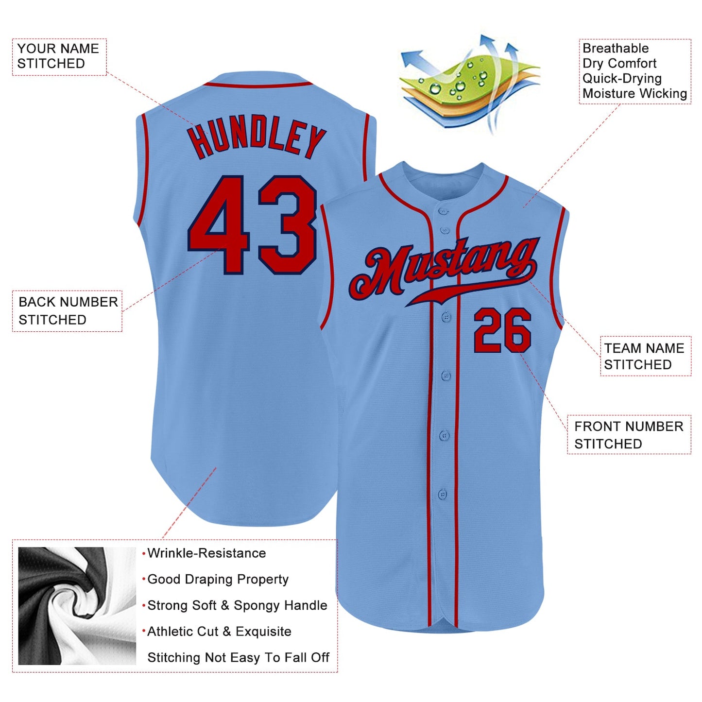 Custom Light Blue Red-Navy Authentic Sleeveless Baseball Jersey - Sky-Custom