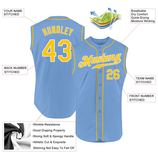 Custom Light Blue Gold-White Authentic Sleeveless Baseball Jersey - Sky-Custom