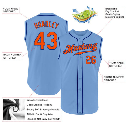 Custom Light Blue Orange-Royal Authentic Sleeveless Baseball Jersey - Sky-Custom